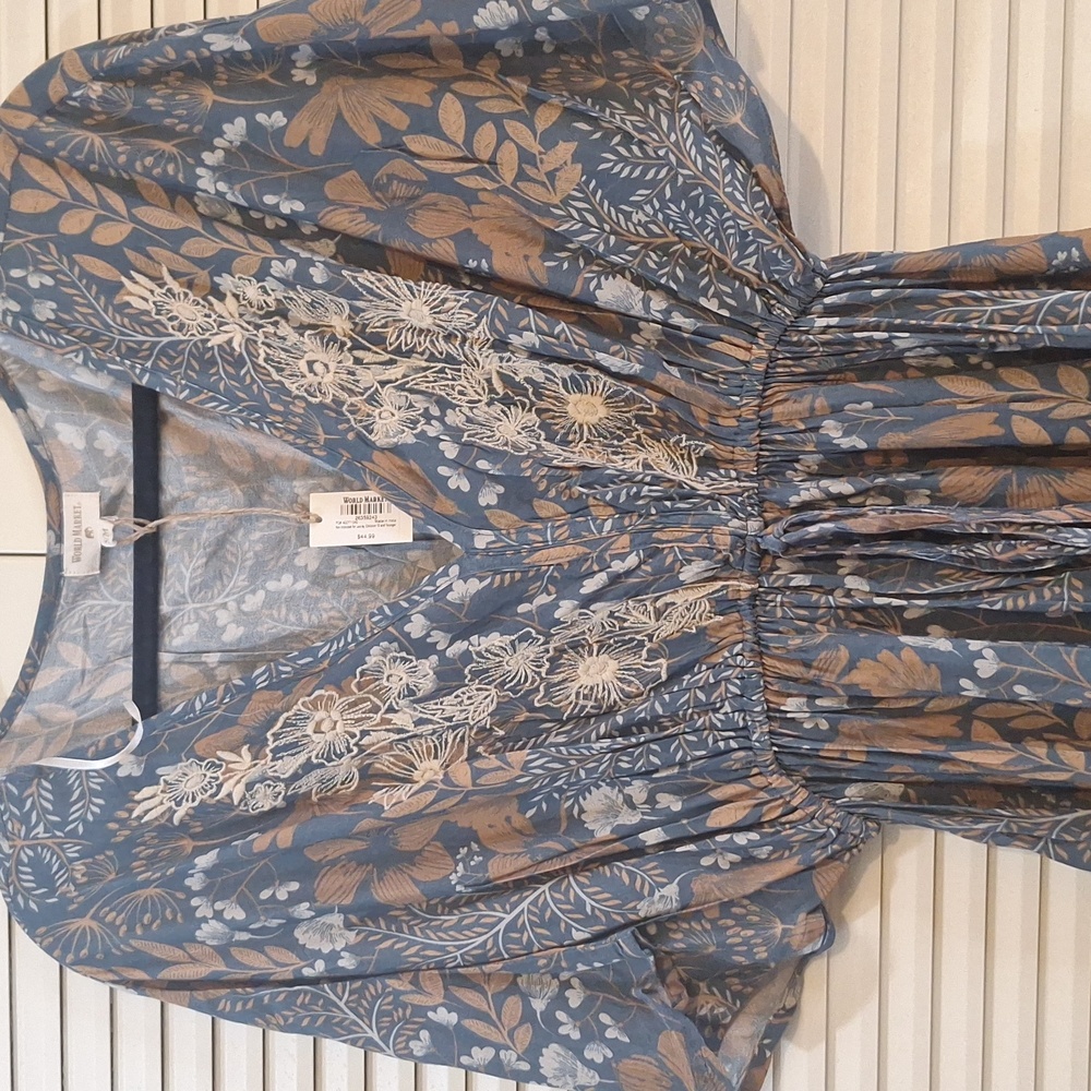 Cost Plus World Market Blue and Tan Floral Maxi Dress